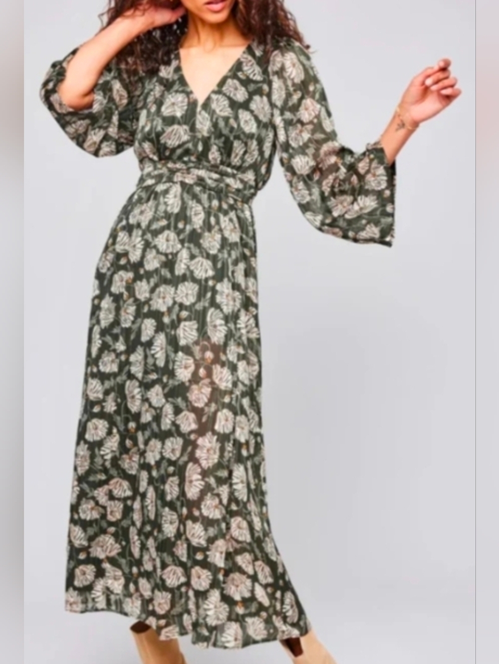 Gentle Fawn Olive Green Floral Wrap Maxi Dress